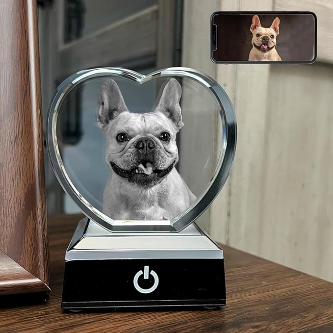 Dog Memorial Gifts for Pet Loss – Personalized Crystal Photo for Dogs & Cats, Custom Laser Etched Crystal (Heart Shape, Small Size)