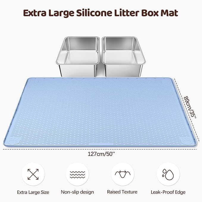 Cat Litter Mat, XXL Extra Large 50" x 35" Silicone Mat Litter Trapping Mat for Scatter Control, Soft on Kitty Paws, Easy to Clean (Blue)