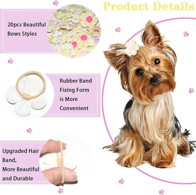 20 Pcs Handmade Cute Puppy Hair Bows, Flower Bowknot with Rubber Bands for Small Dog Hair Ties Accessories Cream Yellow