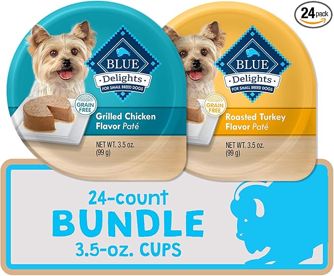 Blue Buffalo Delights Natural Adult Small Breed Wet Dog Food Cups, Pate Style, Roasted Turkey & Grilled Chicken 3.5-oz (24 Count - 12 of Each Flavor)