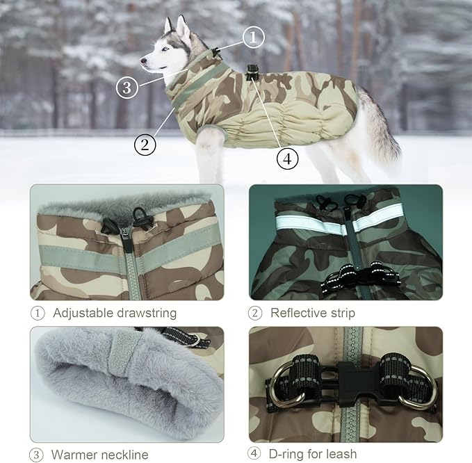 Lelepet Warm Dog Winter Coat Dog Coats for Large Dogs Waterproof Dogs Jacket with Harness Built in Reflective Cold Weather Coats Zip-Up Winter Fleece Vest Snowsuit Boston Terrier Desert Camo L