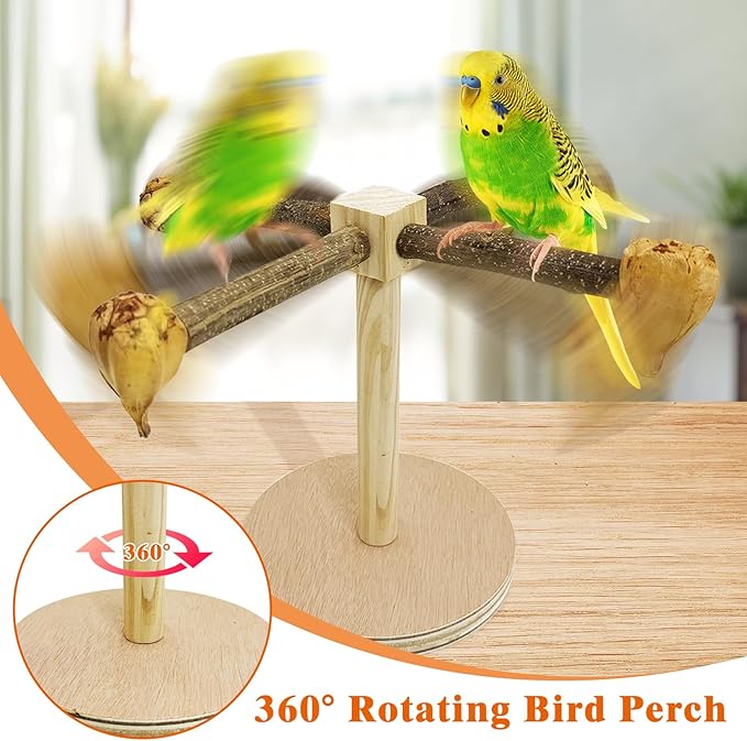 Rotating Bird Perch Stand Toy Natural Wooden Parakeet Toys with Edible Chew Toy Interactive Spinning Toy Bird Cage Accessories for Parakeets Budgies Conures Cockatiels Lovebirds Finches