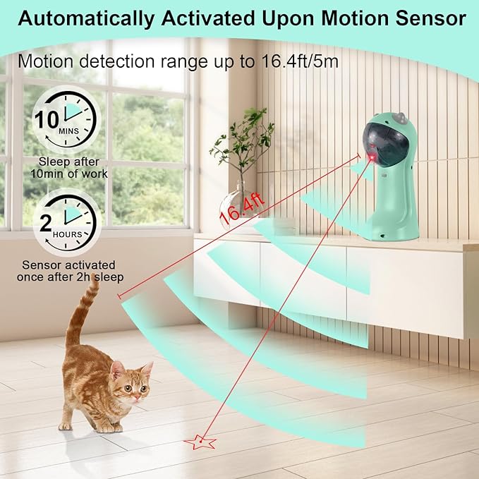TBTeek Cat Toy, Automatic, Motion-Activated, Rechargeable, 5 Fun Patterns, Random Rotating Trajectory, 4 Speed Modes, Adjustable Light Angles for Indoor Cat Kitten Dog（Green）