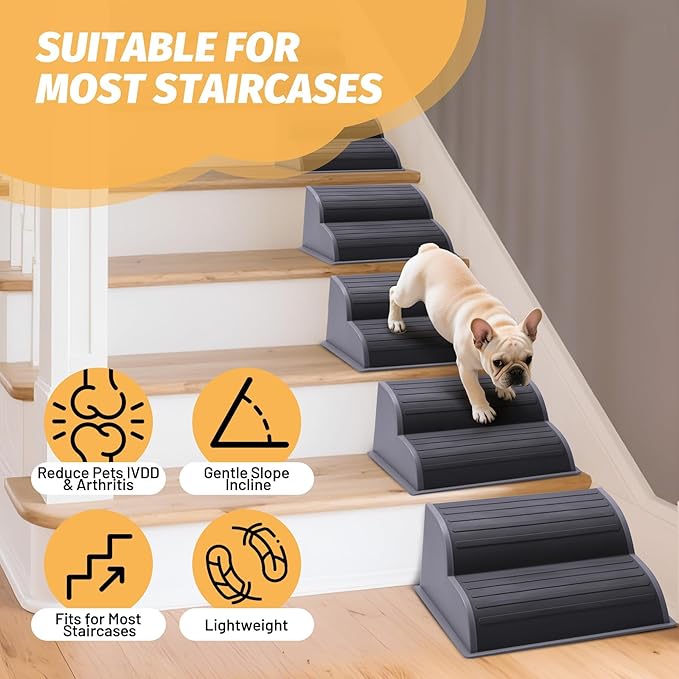 2-Step Modular Dog Ramp - Portable Non-Slip Stairs for Small Dogs with High Support, Lightweight Plastic Pet Steps Fits Staircase Indoor, Ideal for Elderly Injured Pets (9.5"D, 1-Pack, Grey)