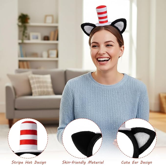 Cat Ears Headband and Bow Tie Set, Red and White Hat Cat Ears Hairband, Cat Hat Costume Accessories for Cosplay, Halloween, Theme Party, Includes Headband, Gloves, Bow Tie, Face Stickers