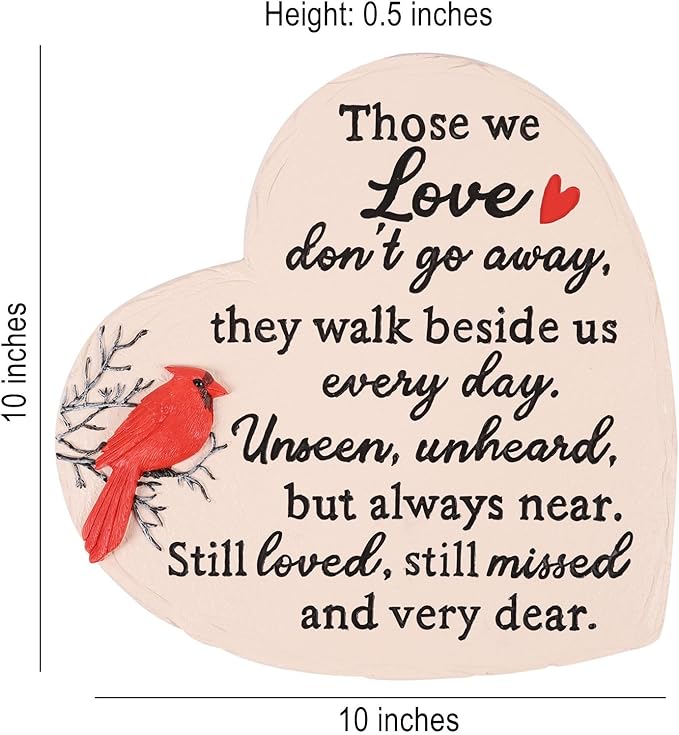 Heart Shaped Memorial Garden Stones, 10 inches Sympathy Garden Stone for Loved One, in Memory of Loved one Gifts, Resin Garden Stepping Stones Outdoor, Memorial Gifts (Heart Cardinal)