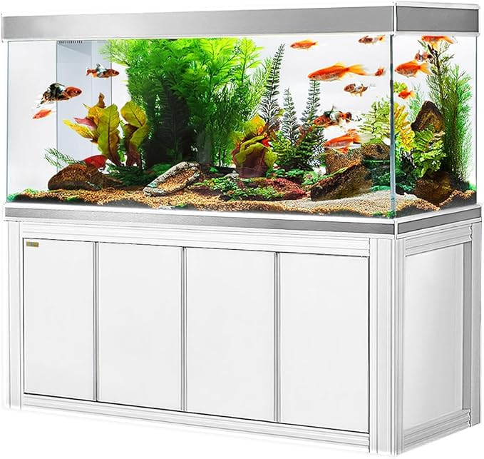 Aqua Dream 230 Gallon, All-in-One Aquarium Fish Tank with Tempered Ultra-Clear Glass, Includes Cabinet Stand, Multi-Chamber Filtration Sump, Filter Media, 1450 GPH Water Pump - White/Silver