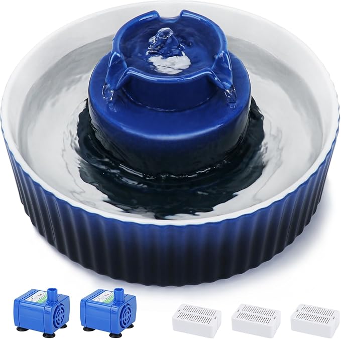 Ceramic Cat Water Fountain, 2.1L/71oz Cat Fountain with 3 Carbon Filters and 2 Water Pumps, Cupcake Pet Water Fountain for Cats and Dogs (Dark Blue)