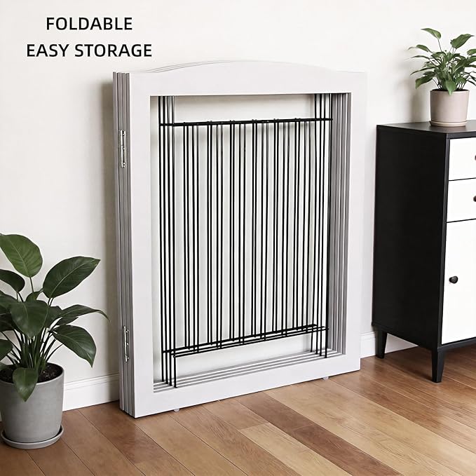 ZJSF Freestanding Dog Fence Indoor, Foldable Dog Gate for Doorways, Stairs or Hallways, Sturdy Wood Extra Wide Pet Gate with Support Feet for The House, Grey, 24 "Height-2 Panels