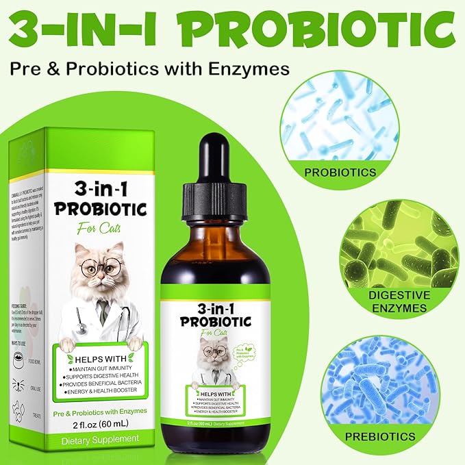 3-in-1 Probiotics for Cats with Digestive Enzymes & Prebiotics – Supports Gut Health, Immune System & Diarrhea Relief – 60ml for Cats of All Ages