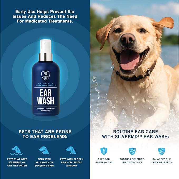 Pet Ear Wash Spray for Dogs & Cats, 8 oz Nano Silver Ear Cleaner, Gentle Ear Flush for Itchy Sensitive Ears, Soothing Cleansing Solution for Wax, Odor & Daily Ear Care