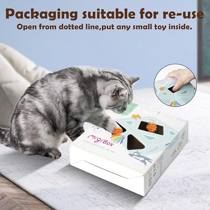 Migipaws Interactive Cat Toy -Migibox Without Popskin, Puzzle Toy for Indoor Bored Cats, Automatic Pop Out Feathers from 7 Holes Randomly, Motion Activated, USB Rechargeable
