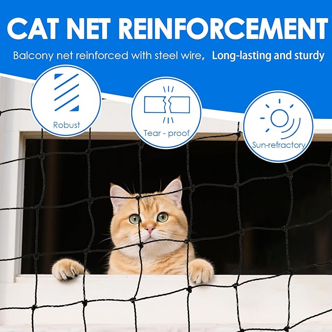 Cat Balcony Nets,10×13ft Carbon Steel Reinforced Anti-Fall Netting for Pets, Cat Safety Net Mesh Fence, Enduring Small Catio for Apartment Balcony Protection