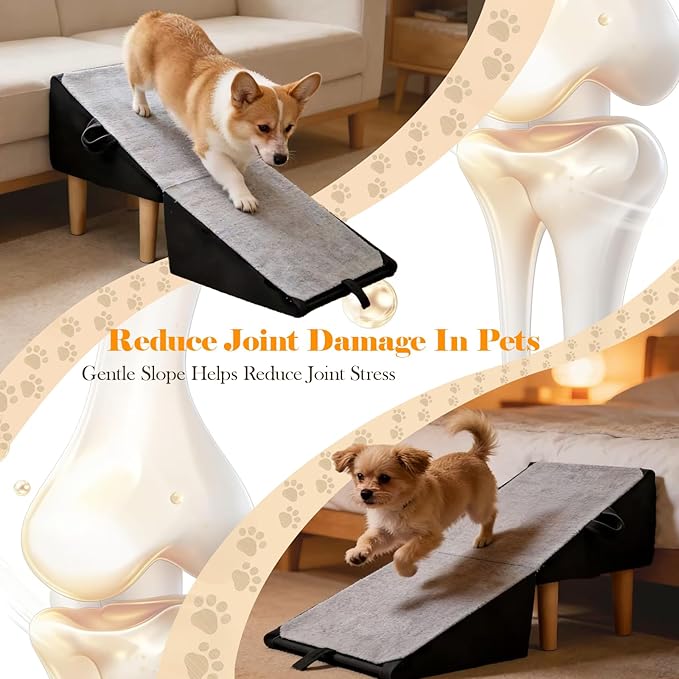 Split Ottoman Dog Ramp for Couch and Low Bed, 2-in-1 Foldable Dog Stairs for Small Dogs and Cats, Wooden Pet Ramp with Non-Slip Surface, Portable Step Stool Design, Black