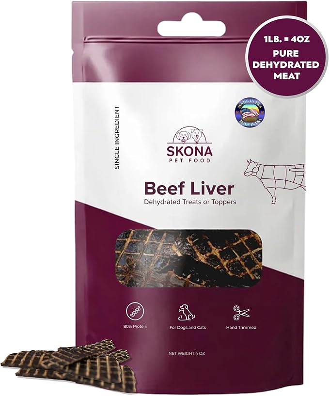 Skona PetFood Beef Liver Jerky - Single Ingredient Dog & Cat Treats, High Protein Training Snacks, USA Made, 4oz