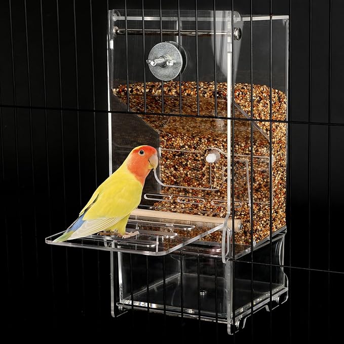 No Mess Bird Feeder Automatic Thickened Bird Seed Food Container Transparent Acrylic Parrot Food Holder with Stand, Bird Feeder for Cage, Reducing-Waste Foraging Feeder for Small Birds