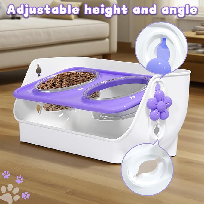 Cat and Dog Pet Double Bowl, Anti-Spill Pet Bowl, Height-Adjustable Pet Food/Water Bowl, Non-Slip, Anti-Tip, Neck Protection Pet Bowl - (Purple)