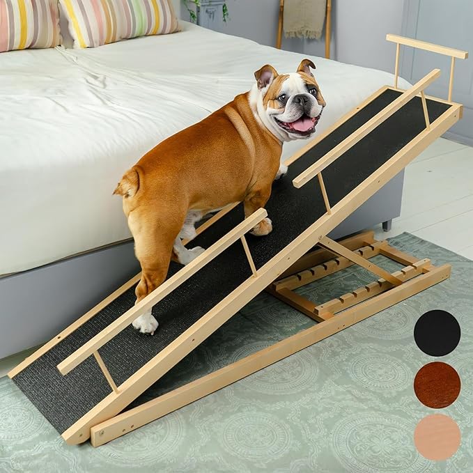 Dog ramp for Bed - PRIORPET Birchwood Adjustable Ramp for Dogs to Get on Bed: Dog ramps for High Beds up to 37 Inches – Foldable Ramp, Anti-Slip Grip & Safety Rails, Small Dogs Up to 120lbs – Natural