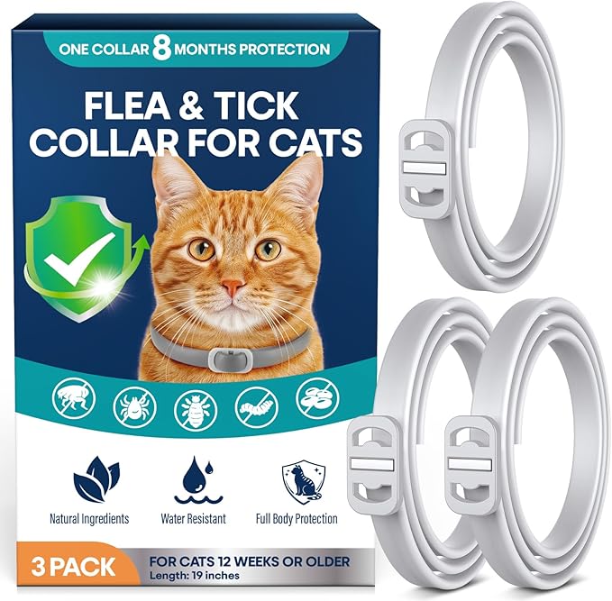Flea Collar for Cats 3 Pack, 8-Month Flea & Tick Prevention per Collar, Natural Plant-Based, Water-resistant, Adjustable, Fast-Acting & Long-Lasting, Safe for Adult Cats and Kittens, White