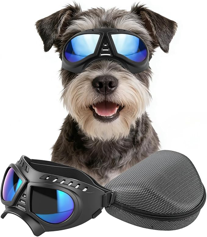 PETLESO Dog Goggles for Small to Medium Breeds, Small Dog Sunglasses UV Protection Windproof Snowproof, Outdoor Driving/Riding/Hiking Pet Eyes Protection, Soft Frame Adjustable Straps, Blue Lens