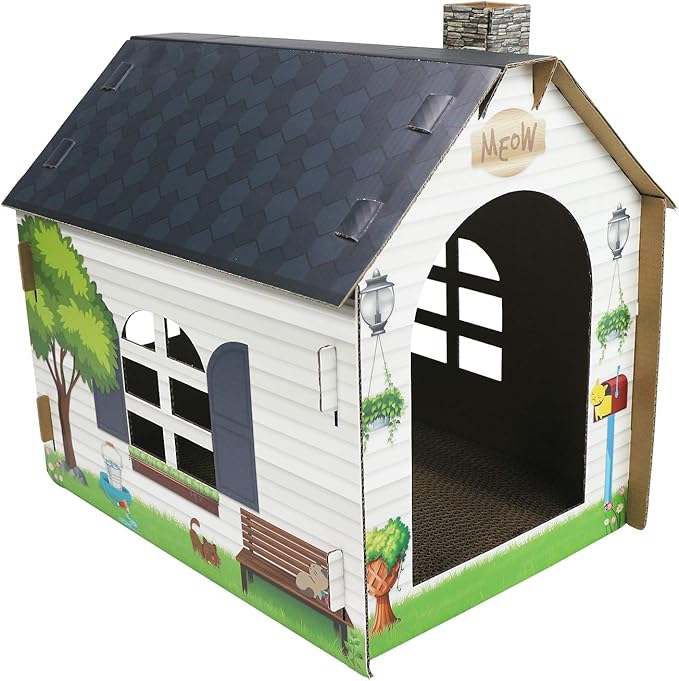 ASPCA Cardboard Cat House Hideaway Playhouse with Cat Scratcher Scratching Pad 19" L x 13" W x 17" H