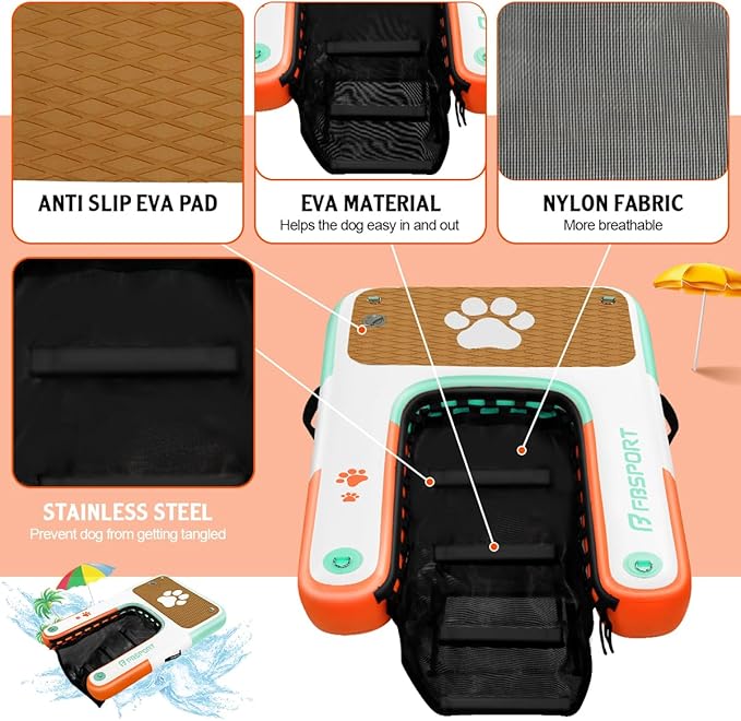 FBSPORT Inflatable Dog Boat Ramp Floating Dock Water Ladder for Pool, Boat, Non-Slip EVA Floating Ladder Pool Ramp for Dog Up to 220 LBs, Safe & Easy Access