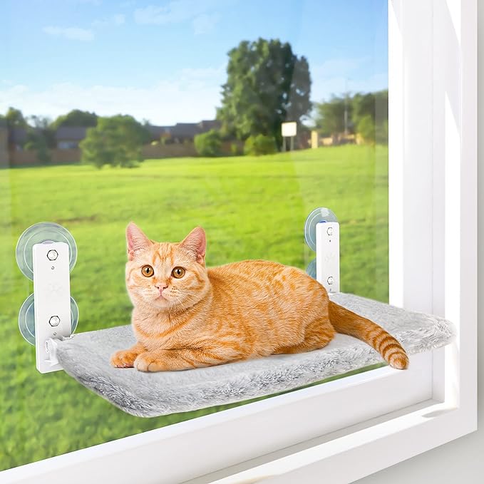 AMOSIJOY Cordless Cat Window Perch, Cat Hammock for Wall with 4 Suction Cups, Anchor&Screw for Two Ways of Installation, Solid Metal Frame and Reversible Cover, Foldable Cat Beds for Indoor Cats