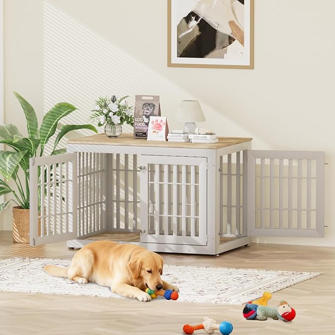 48" Heavy Duty Dog Crate Furniture for Small,Medium and Large Dogs,Rustic Wooden Dog Cage Kennel Indoor Furniture with Waterproof Top,Decorative Pet House Side End Table (White & Wood)