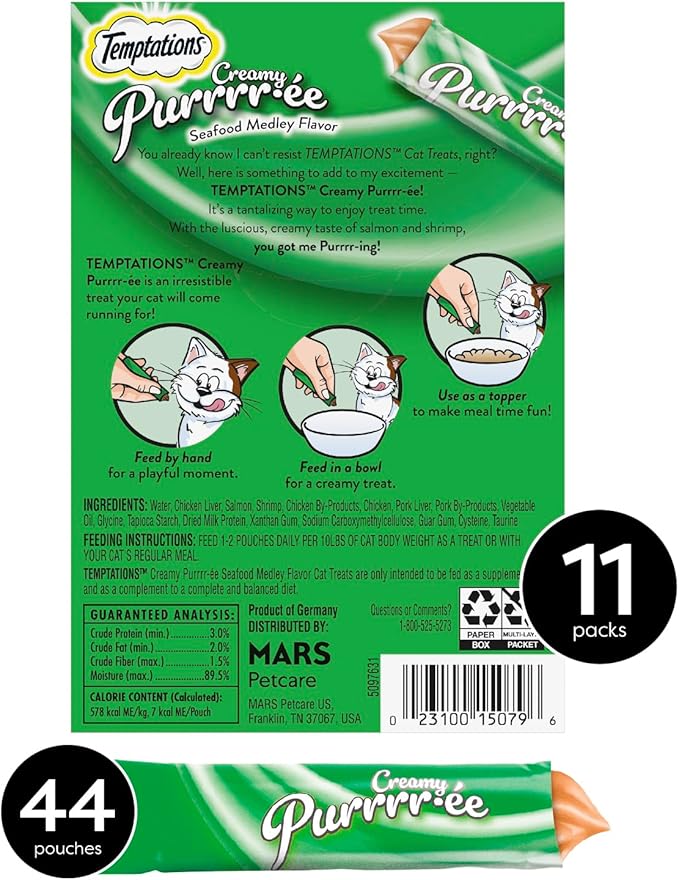 Temptations Creamy Puree Squeezable Lickable Cat Treats, Wet Cat Treats with Salmon and Shrimp, 0.42 oz. Tubes, 4 Count, Pack of 11 (44 Total)