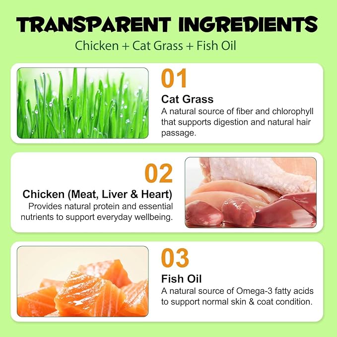 Cat Grass Treats, Freeze-Dried Cat Grass Pellets for Cats, 80g (2.82 OZ) | Natural Hairball Control, Digestive Support & Dental Care | Chicken & Fish Oil Recipe | No Artificial Additives