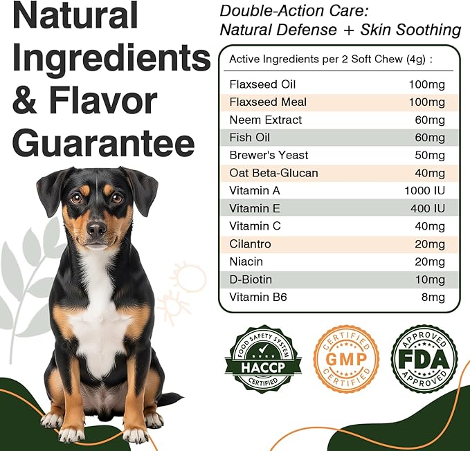 Omega 3-Dog Flea and Tick Prevention Allergy Chews for Dogs Treatment Chewable Natural Flea and Tick Skin and Coat Supplement Immune Dog Chews Yeast Relief Prevention for Dogs Itching and Licking