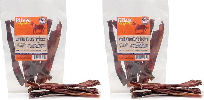 Riley's Steer Bully Sticks for Tiny to Small Dogs - Odor Free Single Ingredient Chew Treat - Easily Digestible, 100% Beef Pizzle Sticks for Dogs - 4-6", 10ct (Pack of 2)