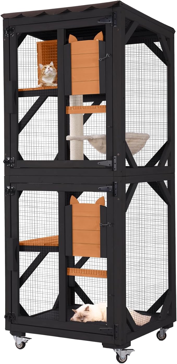 Aivituvin Catio Outdoor Cat Enclosure Wooden Cat Cage with Window Access Large Kitty House on Wheels 62.4’’ Indoor Patio Black