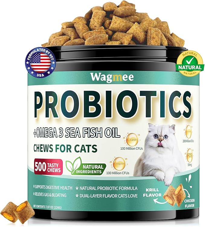 Cat Probiotics Tasty Chews –500 Chews Crunchy & Creamy Texture, Fish Oil Omega-3 Skin & Coat Health Digestive & Gut Support, Constipation Relief, Healthy Stool, Chicken Krill Flavor