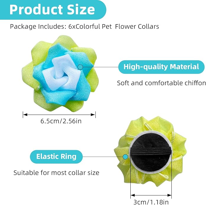 Dog Collar Flowers Accessories, 6 Pack Flower Charms for Dog & Cat Collars, Elastic Slide-On Decorative Flowers for Pet Collars