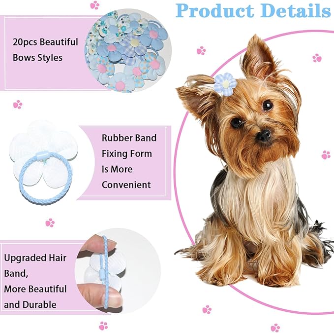 20 Pcs Handmade Cute Puppy Hair Bows, Flower Bowknot with Rubber Bands for Small Dog Hair Ties Accessories Light Blue