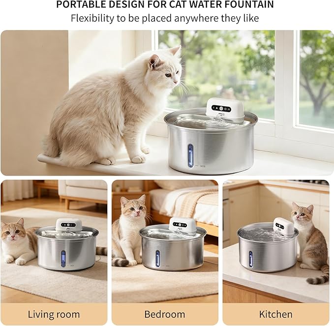 YFL Wireless Cat Water Fountain, 108oz/3.2L Battery Operated Pet Water Fountain, Stainless Steel Dog Water Dispenser with Motion Sensor, Quiet Cordless Cat Fountain for Inside