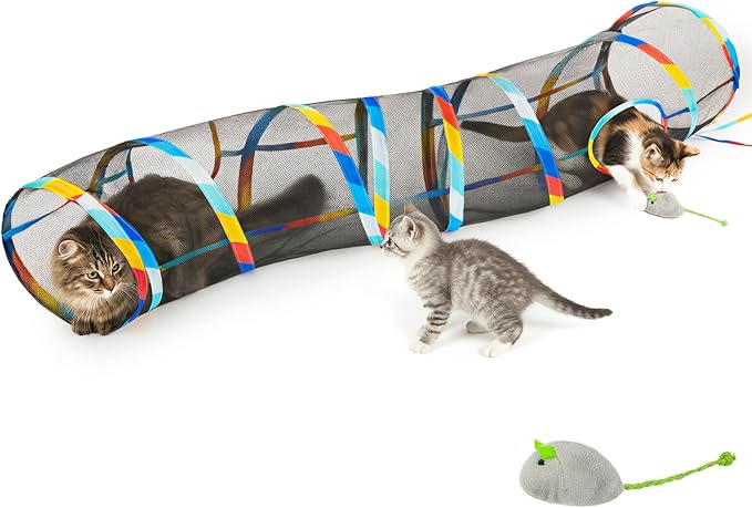 Glittme 48" Mesh Cat Tunnel for Indoor Cats Breathable Pet Play Tunnel with Bonus Mouse Teaser Collapsible Kitten Tube Rainbow Trim 9.8" Dia See-Through Hiding Spot for Large Cats & Rabbits