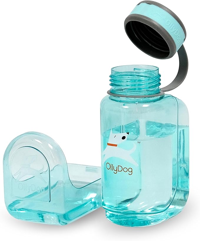 OllyDog OllyBottle | Tritan Dog Water Bottle with Detachable Bowl | BPA Free Leakproof Pet Dispenser | Hiking Travel (600ML, Aqua Blue)