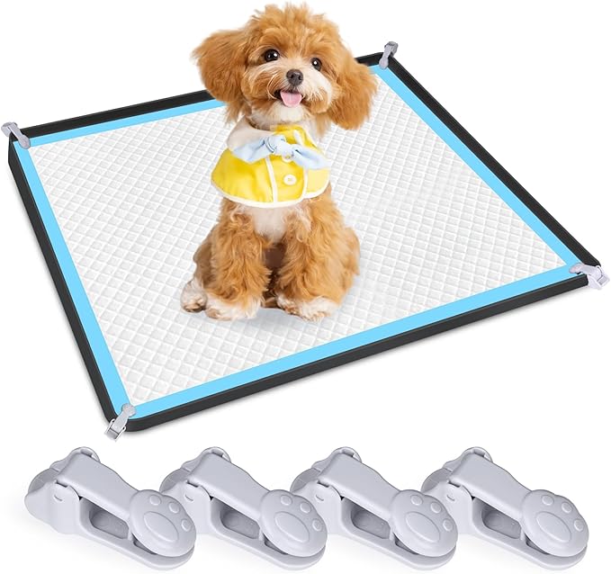 Dog Pee Pad Holder, Dog Potty Tray Silicone Puppy Pad Holder Tray Fits for 24" x 24" Training Pads, Puppy Potty Tray With 4 Clamps and No Spill Raised Lip High Edge for Indoor Floor Protection (Black)