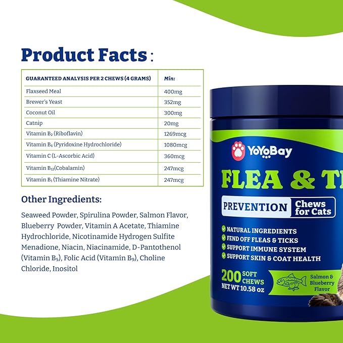 Flea and Tick Prevention for Cats - 200 Soft Chews Natural Cat Flea Treatment, Salmon & Blueberry Flavor - Flea Treatment for Cats, Cat Oral Flea, Immune Support Supplement (200 Chews)