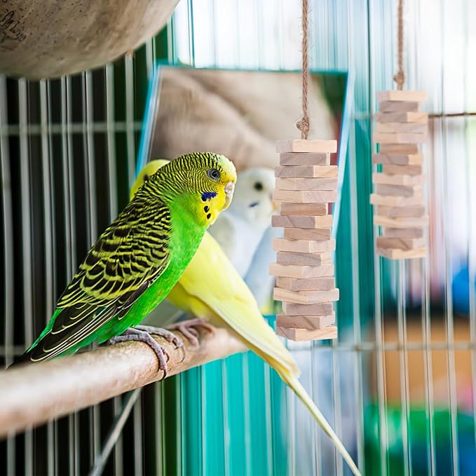 Housoutil Parrots Wooden Blocks, 100PCS Bird Toys, DIY Parrot Bite Wood Chips, Birds Cage Chewing Playing Training Toy for Cockatoos, Macaws, African Grey and Small Medium