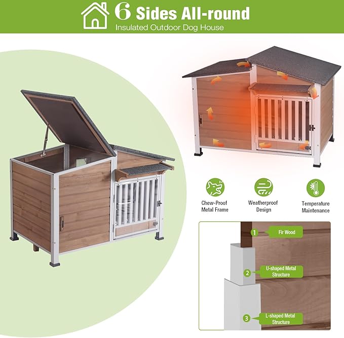 GUTINNEEN Large Outdoor Insulated Dog House Weatherproof Dog Kennel Dog Shelter with Chew-Proof Full Metal Frame, 360° Rotatable Spill-Proof Bowl, Openable Roof for Large Dog Breeds, 39.7" L
