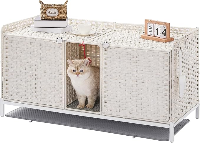 Cat Litter Box Enclosure for 2 Cats, Hidden Litter Box Furniture with Mat, Large Rattan Cat House with Double Room and Door, 47.3 L x 19.7 W x 24 H, 2 S-Shaped Hooks for Living Room White