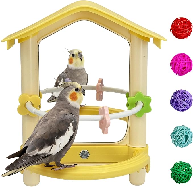 kathson Bird Mirror with Plastic Perch and 5PCS Colorful Rattan Balls Parakeet Hanging Swing with Mirror Interactive Toy Bird Cage Accessories for Cockatiel Parrot Conures Cockatoo Finch(Yellow)