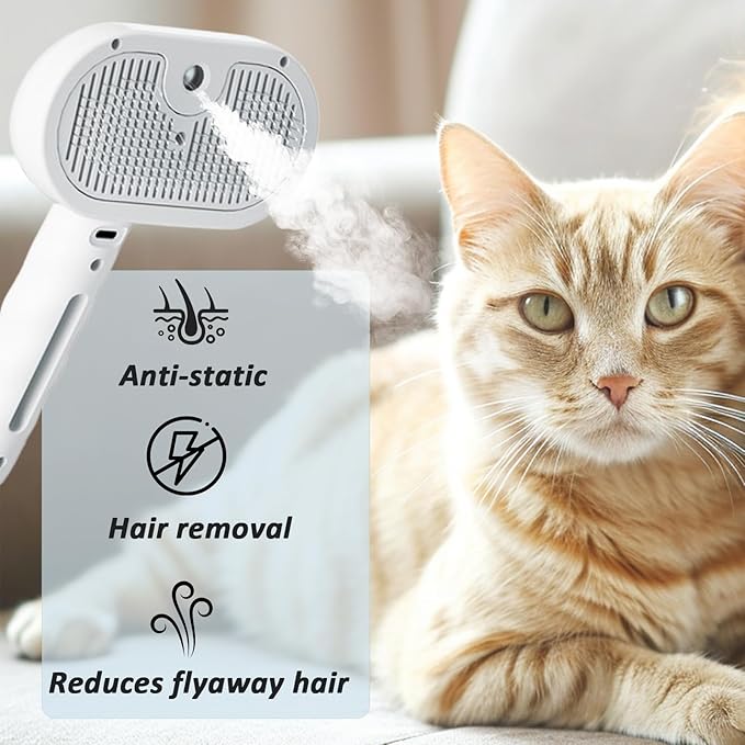 3 In 1 Self Cleaning Pet Spray Hair Removal Comb, Fresh Fur Shower Brush, Pet Steamy Shower Brush + Bathing Solution, Removes Loose Hair, Anti-Static (White)