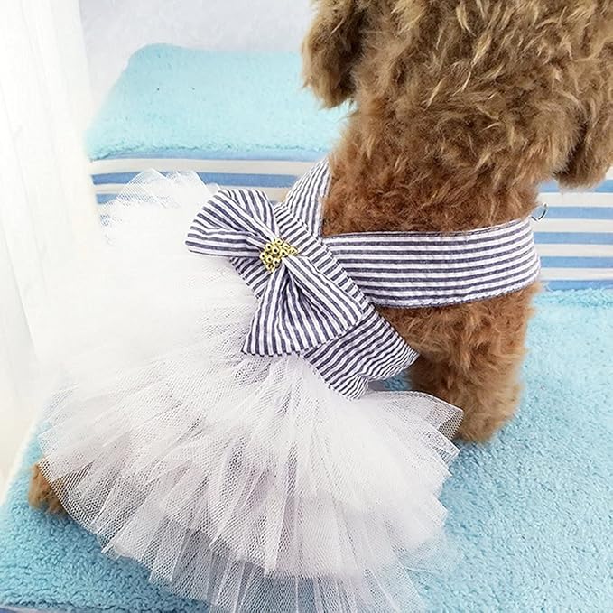 Dog Dresses, Fashion Pet Dog Clothes, Striped Mesh Puppy Dogs Princess Dresses (Blue, Large)