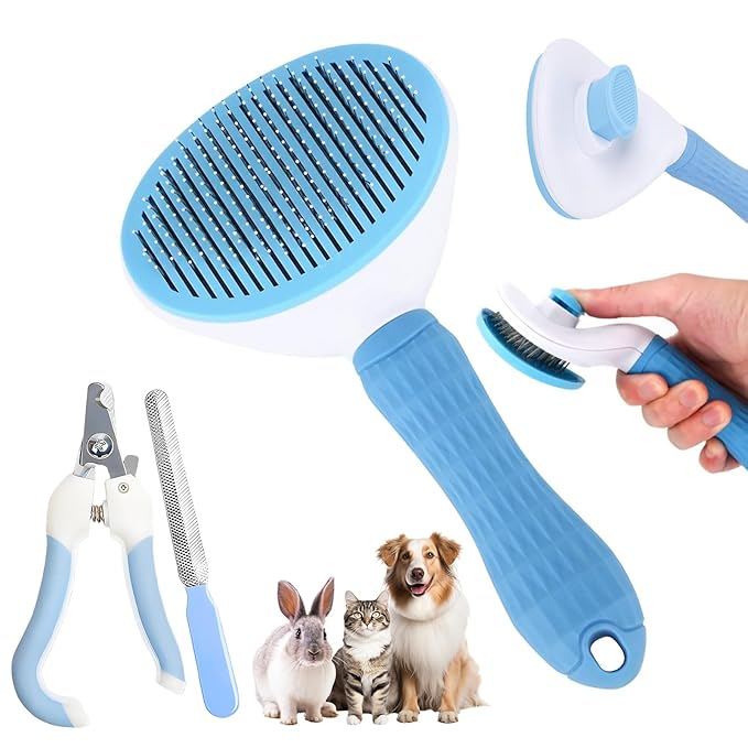 Aglads 8PCS Cat Rabbit Bunny Dog Grooming Kit,Self-Cleaning Brush,Nail Clipper,Grooming Glove,Massage Brush,Flea Comb,Towel&Travel Bag,Complete Grooming Tools for Long&Short Haired Pets(8, blue)
