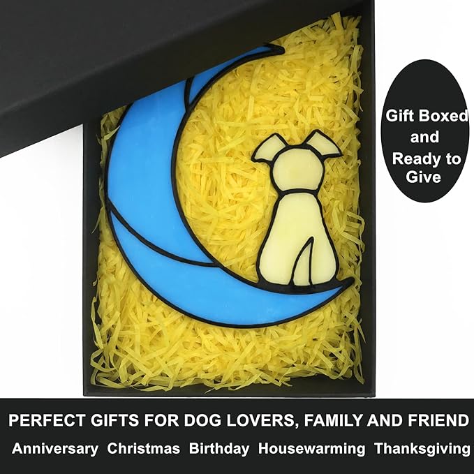 Stained Glass Rainbow Bridge Yellow Dog Memorial Gifts for Loss of Dog Sympathy Remembrance Suncatcher, Angel Wings Pet Loss Bereavement Gifts in Memory of Pet Passing Away Window Hanging.