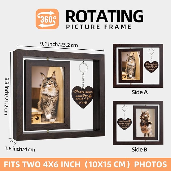 AVEAX Cat Memorial Gifts for Loss of Cat, Rotating Picture Frame 4x6, Pet Loss Sympathy Gift, Cat Memorial for Desktop Display, Brown